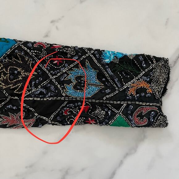 Judith Ann Vtg silk Patchwork Embroidered jacket Quilted sequin Embellished Sz L - Picture 15 of 15